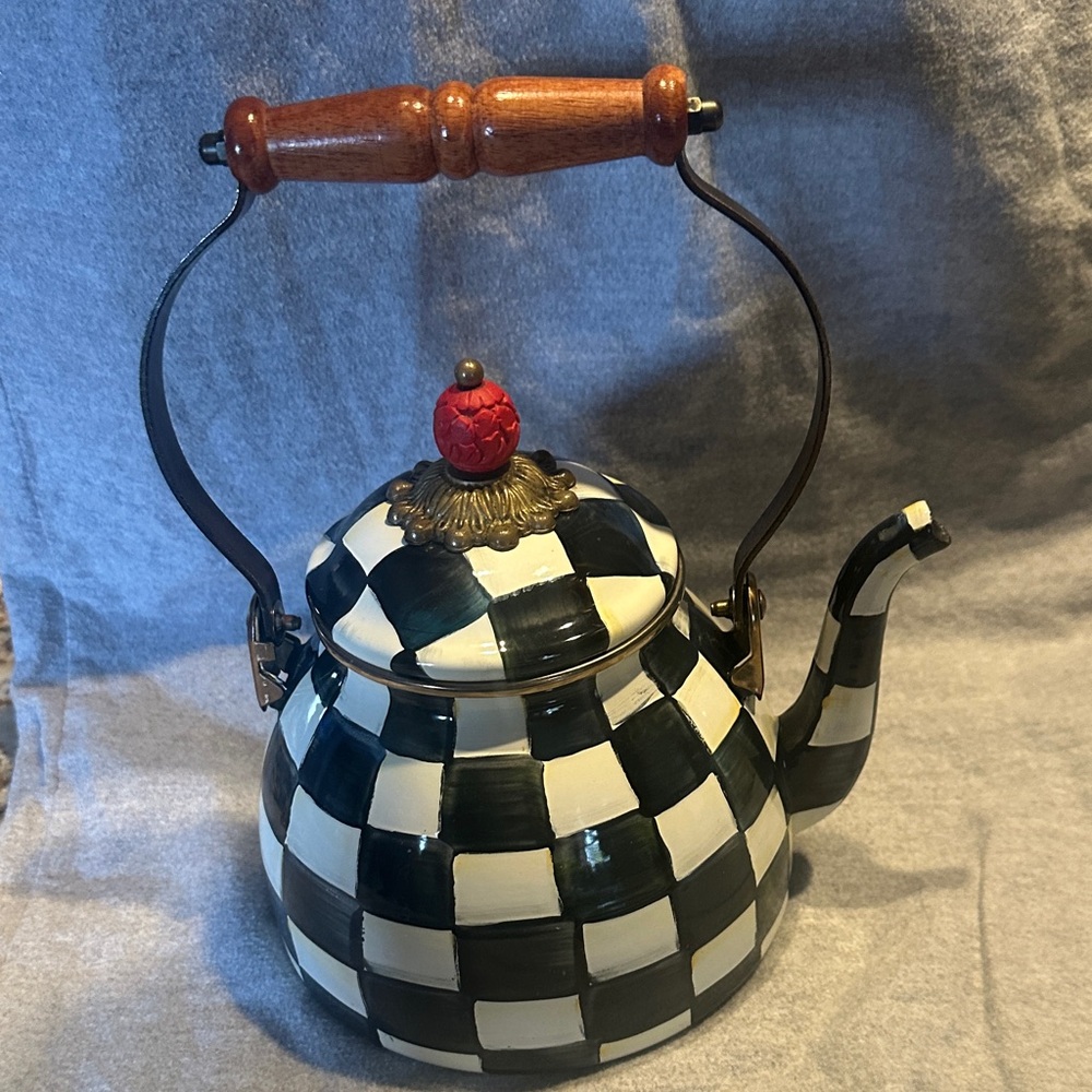 McKenzie -Childs Black & White Checkered Ceramic Teapot with Red Lid Accent
